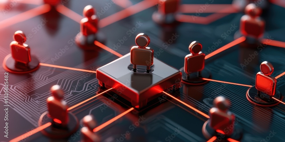 Aufkleber A digital network representation with interconnected nodes and a central figure, illustrating the concept of connectivity and communication in technology.