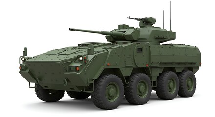 A military armored vehicle with a matte green finish, isolated on white