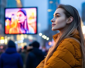 Woman Watching Outdoor Screen at Night
