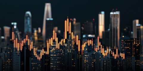 A graph overlay shows financial trends against a city skyline at night, highlighting urban development and economic activity.
