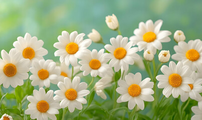 Fototapeta premium Beautiful White Daisies with Yellow Centers in Natural Green Background