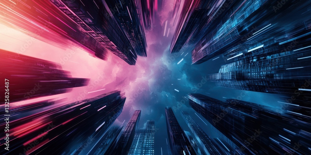 Poster A dynamic, abstract view of towering structures with vibrant colors, conveying a sense of speed and depth.