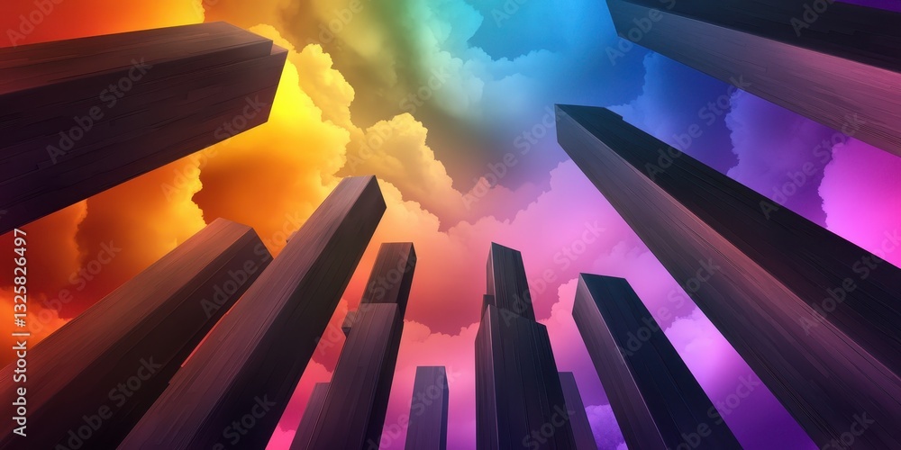 Poster A vibrant scene featuring towering pillars against a colorful backdrop of clouds, creating a surreal and dynamic atmosphere.