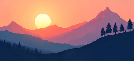 Obraz premium Mountain range painting with trees, sunset, pink sky, yellow sun