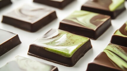 Dubai Chocolate Kunafa Pistachio on white background,Dubai Chocolate bar with green kadayif and pistachio spread,popular and viral chocolate 2024,space for text.