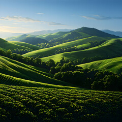 Fototapeta premium Sunlit Rolling Green Hills Landscape