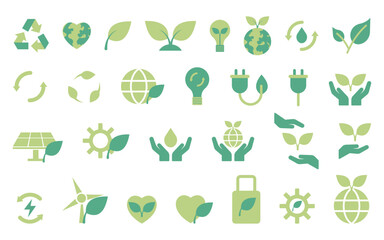 Icons Set of Green Eco-Friendly and Symbols for Sustainability and Environmental Awareness