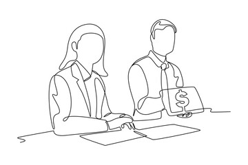 Single continuous line drawing of company staff discussing about finance. Money savings, personal investment, finance, funding, bank deposit, capital accumulation. One line graphic design vector