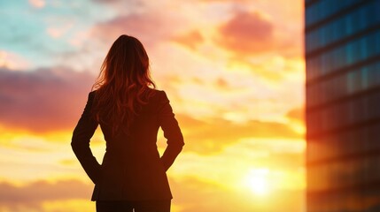 Confident woman in a power suit, standing tall in front of a modern glass skyscraper, symbolizing success and elegance