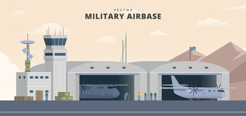 Military airbase background. Vector landscape illustration editable modular elements © Lemonstocks