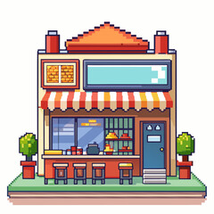Fototapeta premium Retro Pixel Art Café Illustration with Vintage Storefront and Outdoor Seating