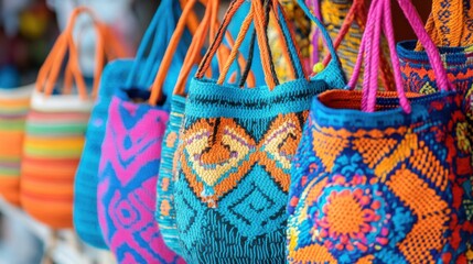 Colorful Handwoven Bags Displayed at Local Market
