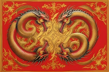 ancient art of a asian, chinese, japanese dragon. Red and gold colors. Royalty. Vintage, antique. traditional, culture, mythology, legend, symbol, power, strength, wisdom, heritage, history, ornate