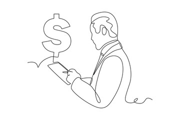 Single continuous line drawing of businessman record company profit. Money savings, personal investment, finance, funding, bank deposit, capital accumulation. One line graphic design vector
