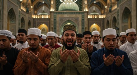 Obraz premium A Congregation of Muslim Men in Prayer at a Grand Mosque, Performing Their Religious Rituals with Devotion and Reverence