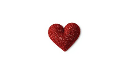 A single red glitter heart sparkles against a pure white backdrop, cute, colorful