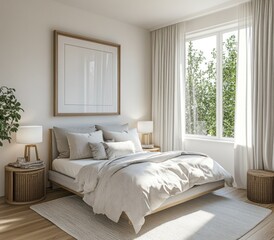 Fototapeta premium Light, airy bedroom with large window, neutral tones, and natural light.