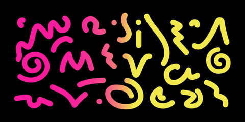 Obraz premium Set abstract shapes, yellow, red elements on black, patterns, textures, graphic accents, vector elements.