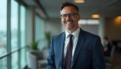 Confident Businessman: A distinguished businessman exudes confidence and approachability, captured in a professional portrait, his warm smile and stylish attire suggesting leadership and success.