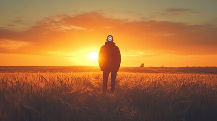 Man Standing in a Golden Field at Sunset with Vibrant Orange and Yellow Sky in a Serene Rural Landscape