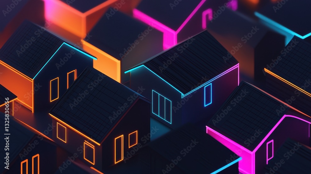 Poster a vibrant, abstract representation of houses illuminated with neon colors, creating a modern and dyn