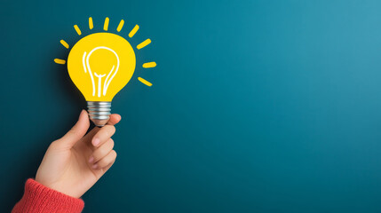 Hand holding a light bulb illustration symbolizing creativity and new ideas on a blue background