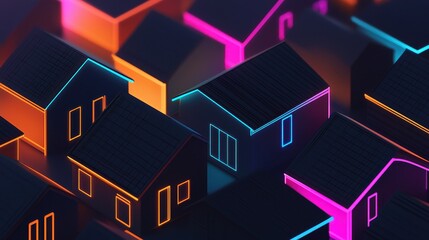 A vibrant, abstract representation of houses illuminated with neon colors, creating a modern and dynamic urban landscape.
