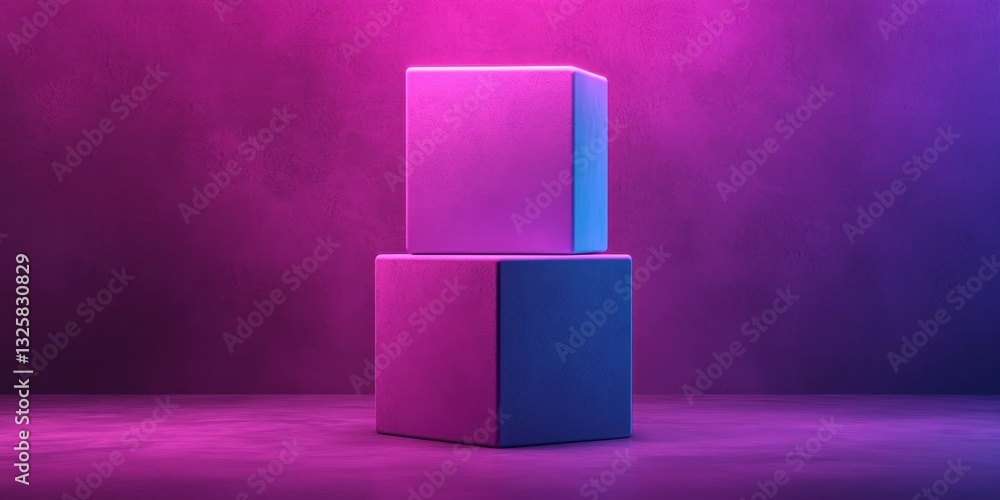 Poster a vibrant scene featuring two geometric blocks illuminated by colorful, dramatic lighting against a 