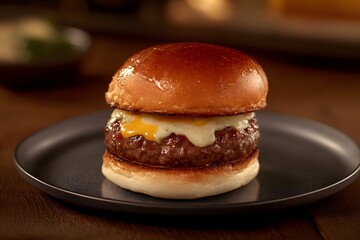 A delectable slider featuring a mini beef patty, melted cheese, and a dollop of special sauce, artfully arranged on a sleek plate in HD.