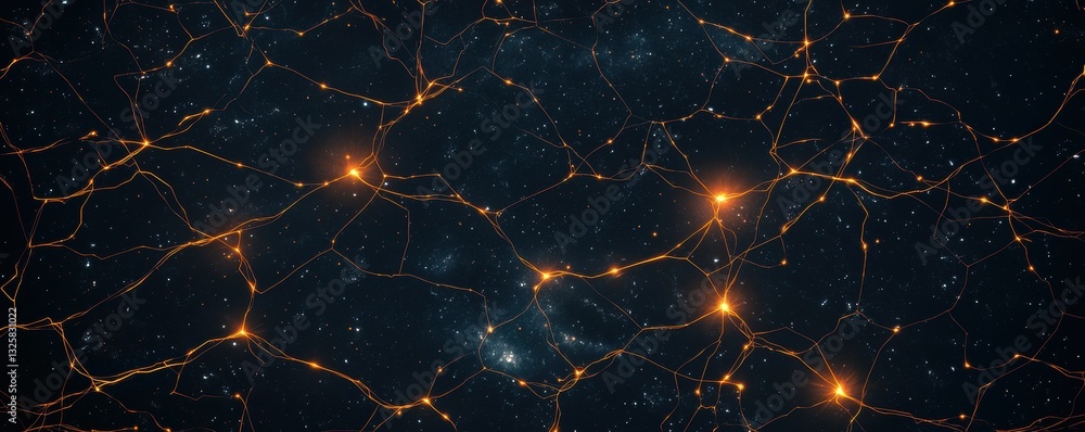 Poster a cosmic-like network of glowing nodes and dark connections, resembling a starry sky or digital univ