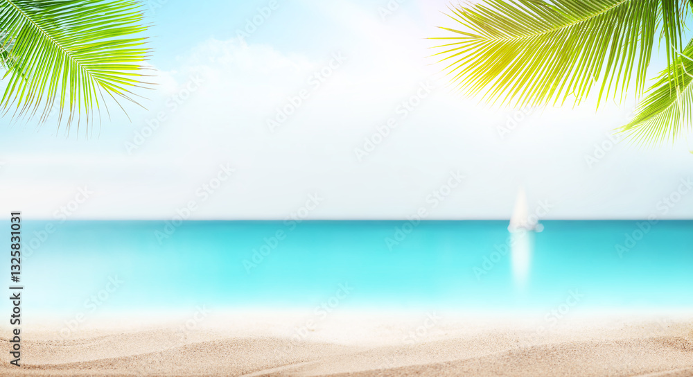 Poster a serene seaside view with palm leaves in the foreground and a sailboat gently gliding on the horizo