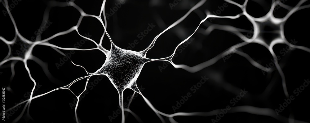 Fototapete A close-up view of neuron structures, showcasing intricate connections against a dark background, highlighting the complexity of neural networks.