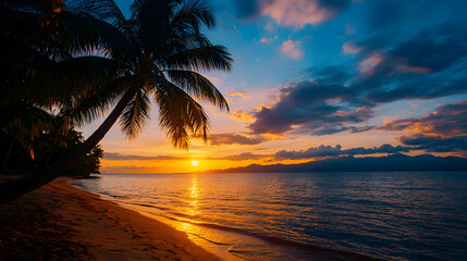 Fototapeta premium Tropical Sunset Beach Scene: Silhouetted Palm Tree and Calm Ocean