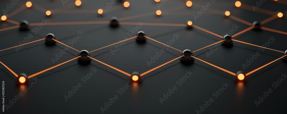 Poster A close-up view of interconnected nodes and lines glowing softly against a dark background, suggesting a network or technological design.