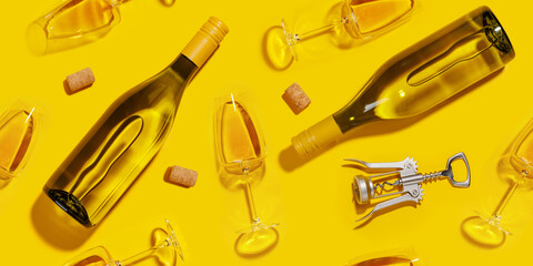 Seamless flat lay background with white wine glasses and bottles