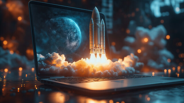 Fantasy illustration of a rocket launching from a computer, space theme
