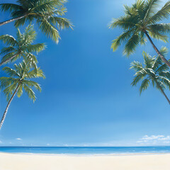 Fototapeta premium Vibrant Blue Sky Over White Sand Beach and Lush Palm Trees