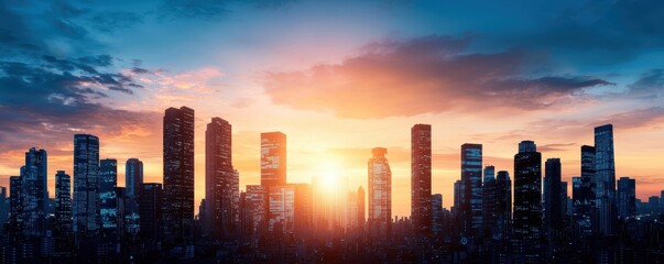 Fototapeta premium A breathtaking sunset illuminates a city skyline, casting vibrant colors over the buildings and creating a striking silhouette against the sky.