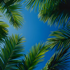 Fototapeta premium Vibrant Green Palm Fronds Against a Clear Blue Sky