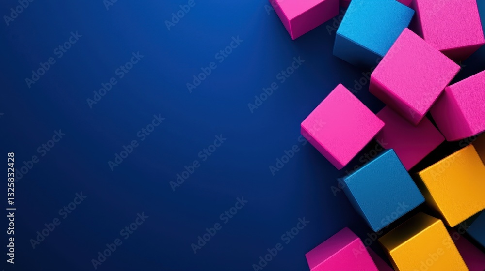 Poster a vibrant arrangement of colorful cubes against a deep blue background, creating a playful and dynam