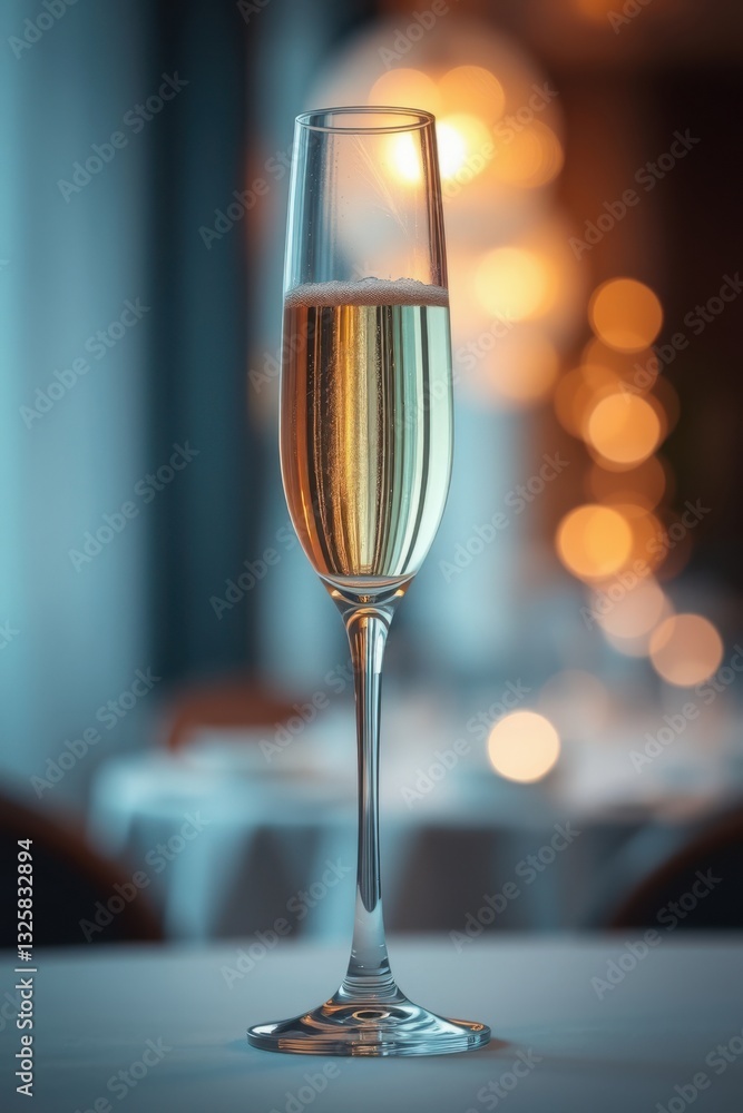 Poster elegant flute glass of sparkling liquid with bokeh lights in the background, creating a festive atmo
