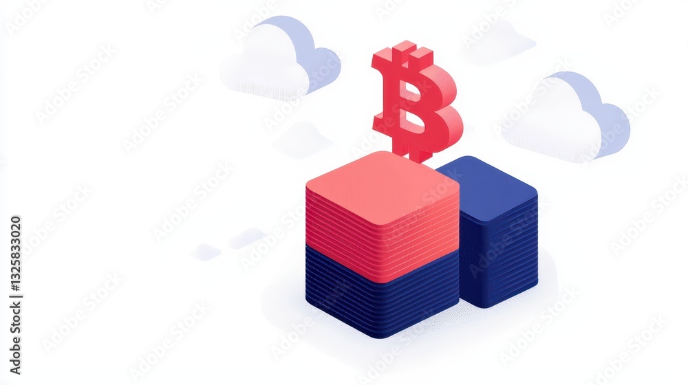 Poster a 3d representation of a bitcoin symbol emerging from colorful blocks, symbolizing growth and invest