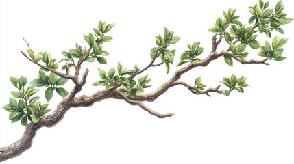 Fototapeta premium Detailed illustration of a green leafy branch with delicate twigs against a clean white background for artistic use