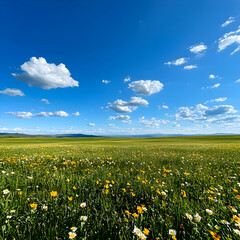 Vibrant Wildflower Meadow Under a Brilliant Blue Sky with Scattered Clouds