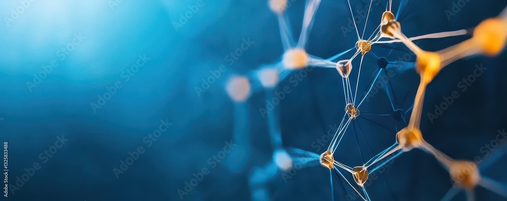 Poster A close-up view of a molecular structure featuring interconnected nodes and vibrant colors against a soft blue background.