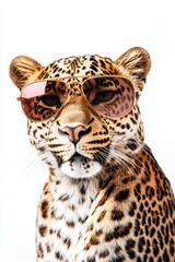 Fototapeta premium Leopard wearing stylish sunglasses looking cool and confident on white background, wild animal portrait, fashion in nature, exotic pet concept.
