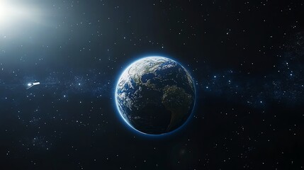 Fototapeta premium Earth From Space with Stars and Spaceship in Deep Blue