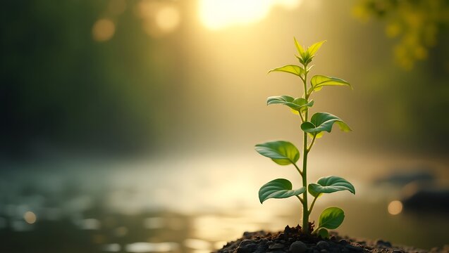 Tall plant sapling growing, sunlight behind, blurred background, potential Withania