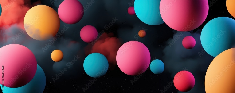 Aufkleber A vibrant and colorful display of floating spheres against a dark background, creating an abstract and dynamic visual effect.