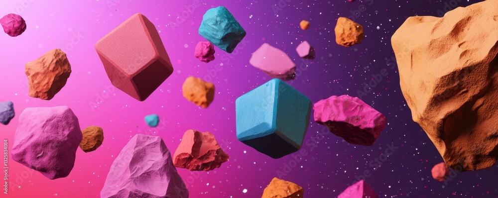 Poster colorful geometric shapes float in a vibrant cosmic background, creating a surreal, otherworldly sce